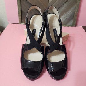 Black Patent Wedges Slip ons with Elastic Crisscross By Dana Buchman